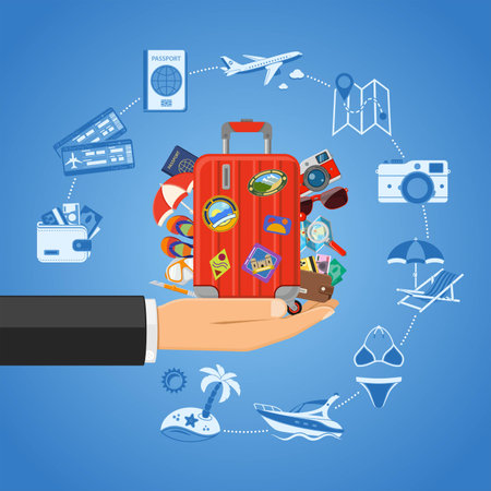 Vacation and tourism concept with flat icons. Baggage suitcase in hand an two color icons passport, money, map, ticket, aircraft isolated vector illustration.のイラスト素材