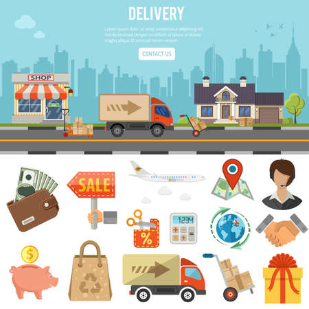 Online internet shopping and delivery banner and infographics. Flat Style Icons shop, delivery, sale, storage and house isolated vector illustration.のイラスト素材