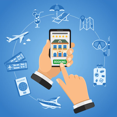 Vacation and tourism concept with two color flat icons. Man holding smartphone in hand and online booking hotel isolated vector illustration.のイラスト素材