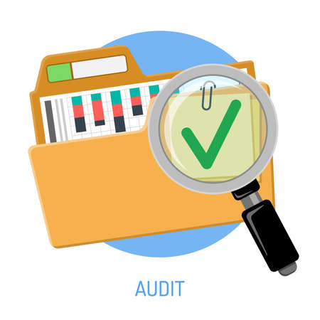 Success audit concept. Open folder icon, documents with charts, magnifying glass and green tick check mark on paper notes. Flat style. Isolated vector illustrationのイラスト素材
