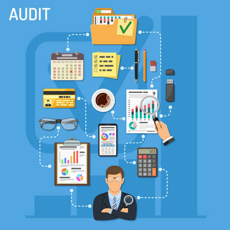 Auditing, Tax, Business Accounting Infographics. Auditor Holds Magnifying Glass in Hand and Checks Financial Report with Charts, Calculator and Smartphone. Flat Style Icons. Vector illustrationのイラスト素材