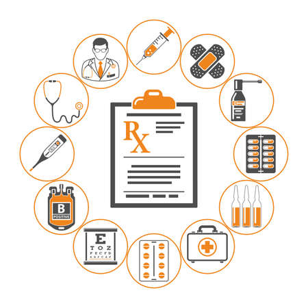 Medicine and healthcare infographics with two color icons like Doctor, blood transfusion, prescription, syringe, thermometer. Isolated vector illustrationのイラスト素材