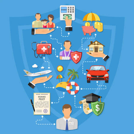 Insurance Services Infographics in Flat style icons such as House, Car, Medical, Family and Business Insurance. Vector for Poster, Web Site and Advertising.のイラスト素材