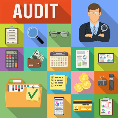 Auditing, Tax, Business Accounting Flat Icons Set on colored squares with Long Shadows. Auditor Holds Magnifying Glass in Hand, Charts, Calculator and Smartphone. Vector illustrationのイラスト素材