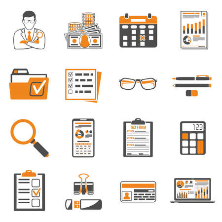 Set Auditing, Tax process calculation, Business Accounting two color icons in flat style. Calculator, Magnifying Glass, Auditor, financial reports and Tax form. Isolated vector illustrationのイラスト素材