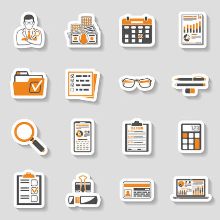 Set Auditing, Tax process calculation, Business Accounting sticker icons in flat style. Calculator, Magnifying Glass, Auditor, financial reports and Tax form. Vector illustrationのイラスト素材