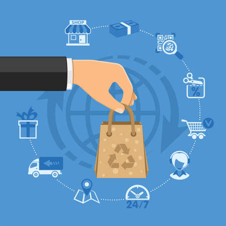 Online shopping Concept with Flat Icons Hand with paper bag and shop, delivery, support. Isolated vector illustrationのイラスト素材