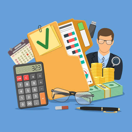 Auditing, Tax, Business Accounting Concept. Auditor Holds Magnifying Glass in Hand and folder with checked up Financial Reports, Calculator and money. Flat Style Icons. Isolated vector illustrationのイラスト素材
