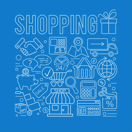 Online Shopping Concept with Thin Lines Web Icon for Flyer, Poster, Sale Cart, Web Site Like Shop, Delivery, Support. Isolated vector illustrationのイラスト素材