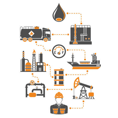 Oil industry Infographics with Flat two color Icons extraction production and transportation oil and petrol with oilman, rig and barrels. Isolated vector illustration.のイラスト素材