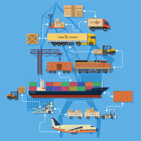 Freight Transport and Logistics Infographics in Flat style icons such as Truck, Plane, Train, Ship....