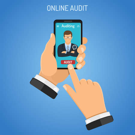 Online Auditing, Tax process, Business Accounting Infographics. Businessman Holds Smartphone in hand and orders audit. Flat Style Icons. Isolated vector illustrationのイラスト素材