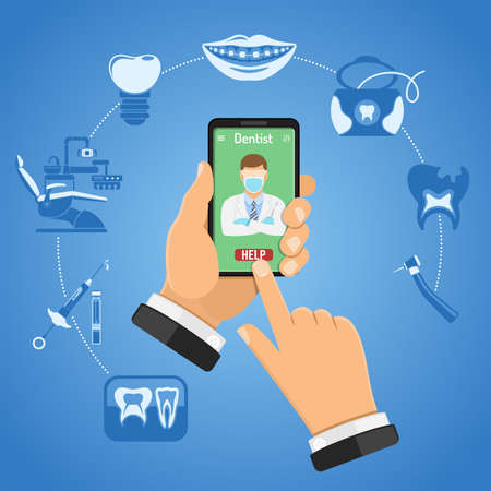 Online dentistry and dental services infographics with flat icons dentist chair, hands, smartphone, dentist, braces, cartridge syringe, x-ray and implant. Isolated vector illustrationのイラスト素材