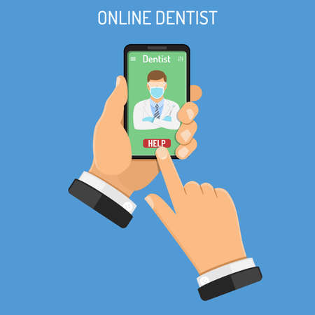 Online doctor Concept. Man holding smart phone in hand and calls dentist. Flat style icons. Isolated vector illustrationのイラスト素材