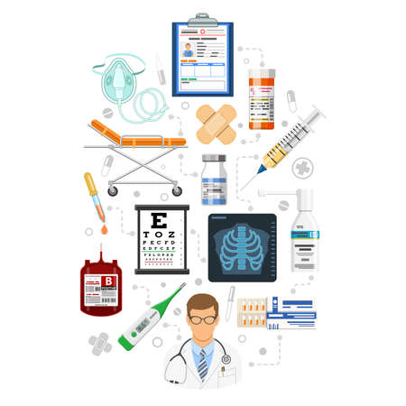 Medical services infographics with flat icons like eyesight, medical card patient, x-ray. Isolated vector illustrationのイラスト素材