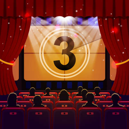 Show Time Concept. Cinema and Theatre hall with seats, silhouettes and countdown on screen. Vector illustrationのイラスト素材