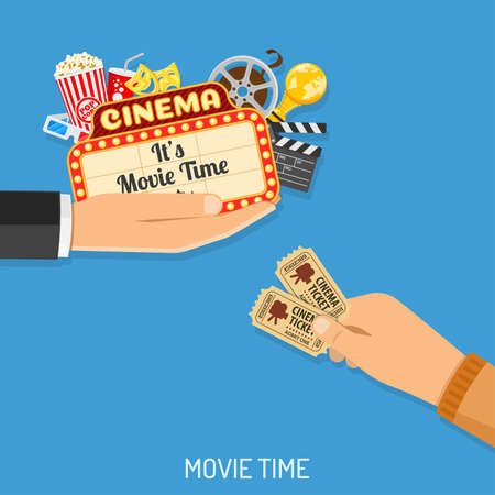 Cinema and Movie time concept with flat icons popcorn, masks, 3D glasses, signboard and tickets in hand, isolated vector illustrationのイラスト素材