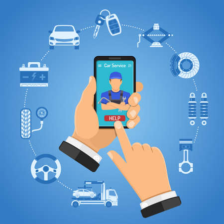 Online Car Services Infographics. Man Holds Smartphone in hand and orders car mechanic. Flat Style Icons. Isolated vector illustrationのイラスト素材