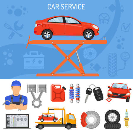 Car Service Banner with Flat Icons for Poster, Web Site, Advertising like Laptop, Tow Truck, Battery, Jack, Mechanic. Isolated vector illustrationのイラスト素材