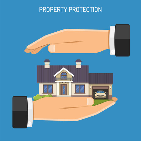 property Insurance concept with Flat Icons House in hands. isolated vector illustrationのイラスト素材