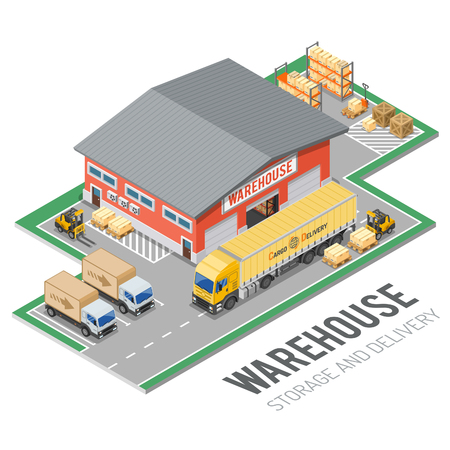 Warehouse, storage, logistics and delivery isometric concept with storehouse, truck, forklift icons. Isolated vector illustrationのイラスト素材