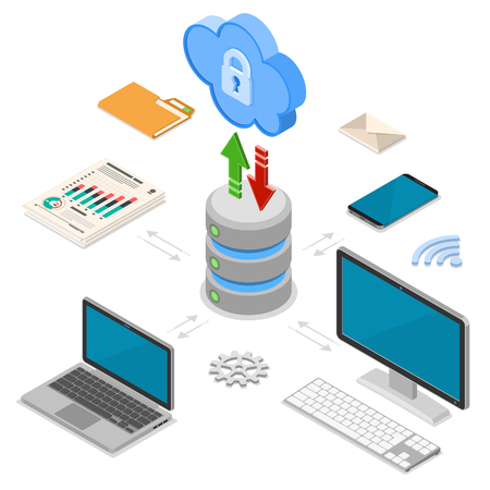 Cloud Computing Technology Isometric Concept with Computer, Laptop, Smartphone, Database and Arrow Icons. Security cloud storage server. Isolated vector illustrationのイラスト素材