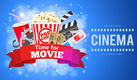 Cinema and Movie time Banner with flat icons film reel, popcorn, paper cup, 3d glasses, clapperboard and rubbon. vector illustrationのイラスト素材