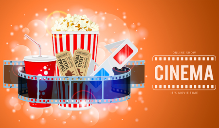Cinema and Movie time Banner with flat icons transparent film, popcorn, drink in paper cup, 3d glasses and tickets. Isolated vector illustrationのイラスト素材