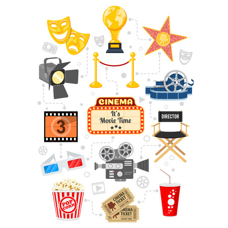 Cinema and Movie infographics with Flat Icons Set popcorn, award, 3D glasses, tickets. Isolated vector illustrationのイラスト素材