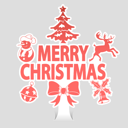 Merry Christmas Sticker with Tree, Snowman, Deer, Bell and bow. flat style icons. vector illustrationのイラスト素材