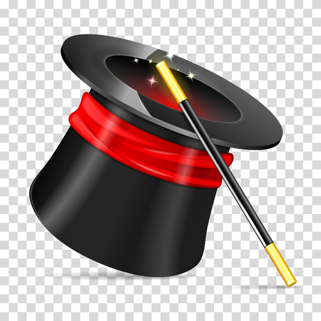 Magician Hat with Magician Wand, realistic vector icon isolated on transparent backgroundのイラスト素材