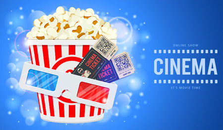 Cinema and Movie time Banner with flat icons popcorn, 3d glasses and tickets. vector illustrationのイラスト素材