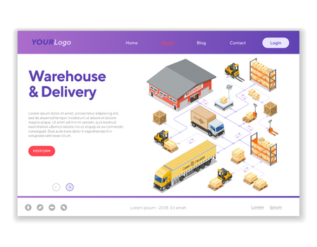 Warehouse, storage, logistics and delivery isometric infographics with storehouse, scales, truck, forklift. Landing page template. Isolated vector illustrationのイラスト素材