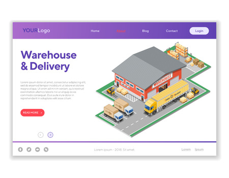 Warehouse, storage, logistics and delivery isometric infographics with storehouse, truck, forklift. Landing page template. Isolated vector illustrationのイラスト素材