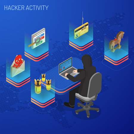 Hacker activity concept. Hacker sitting at table and hacking data through Internet on laptop. Internet Security vector isometric with Flat style Icons Virus spam login and Bug.のイラスト素材