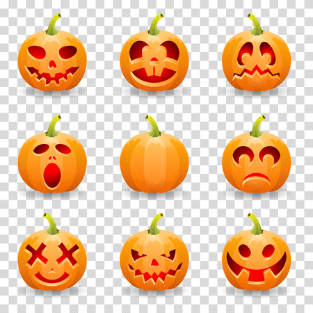 Big collection Halloween pumpkin Jack O'Lantern, on transparent background, vector illustrationのイラスト素材