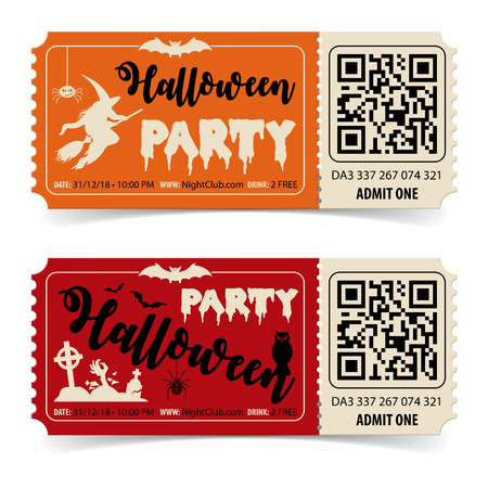 Two Halloween Party Tickets with Witch, Bat, Zombie and Halloween Lettering. Vector illustrationのイラスト素材