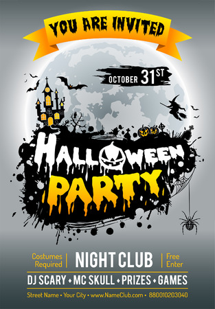Happy Halloween Party Poster with Castle on Full Moon Background and Halloween Pumpkins. Vector illustrationのイラスト素材