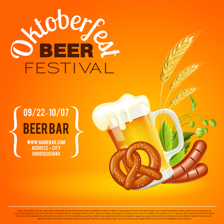 Oktoberfest Beer Festival Celebration Poster with Glass of lager Beer, Barley, Pretzels, Sausages and Hops. Vector illustrationのイラスト素材
