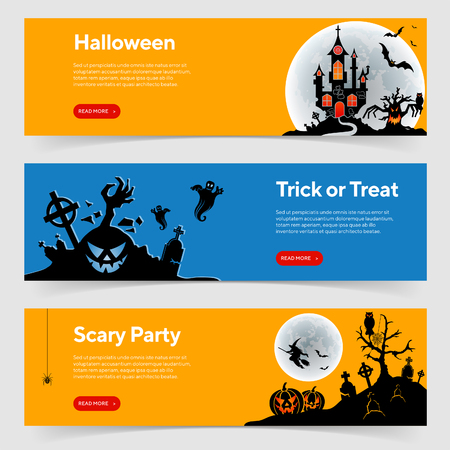 Happy Halloween Party Banners with Castle on Full Moon Background, Zombie, Witch and Halloween Pumpkins. Vector illustrationのイラスト素材