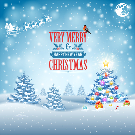 Christmas and New Year Background. Christmas Trees, Gifts, Label, Snowflakes, Bullfinch and Deers with Santa on Snowy background. Vector Template for Cover, Flyer, Brochure, Greeting Cardのイラスト素材