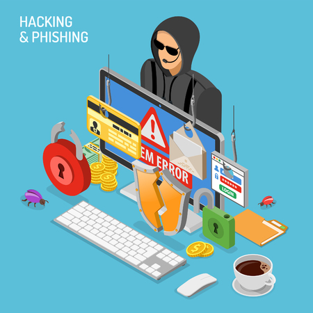 Hacker activity isometric concept. Hacking and phishing. Hacker steals password, credit card and email. Internet Security vector with flat isometric style icons hacked lock, bug and computerのイラスト素材