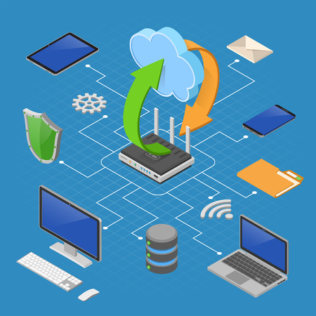 Data Network Cloud Computing Technology Isometric business concept with router, computer, laptop, tablet PC and phone icons. Storage, security and transfer data. Vector illustrationのイラスト素材