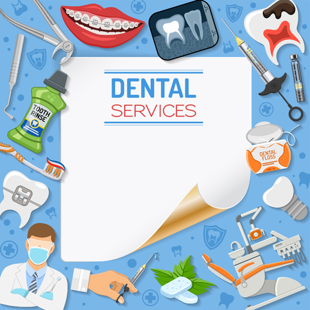 Dental Services Dentistry Hygiene banner and frame with angled corner. flat icons dentist chair, braces, x-ray, cartridge syringe, implant, Dental tools and tooth rinse. isolated vector illustrationのイラスト素材