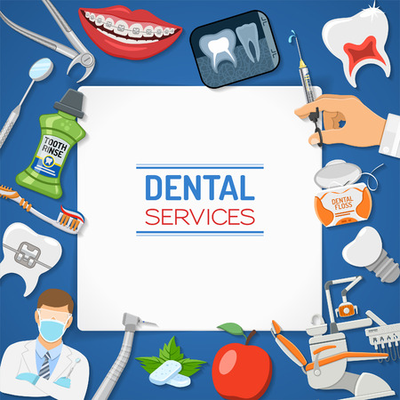 Dental Services Dentistry Hygiene banner and frame with flat icons dentist chair, braces, x-ray, cartridge syringe, implant, Dentistry tools and tooth rinse. isolated vector illustrationのイラスト素材