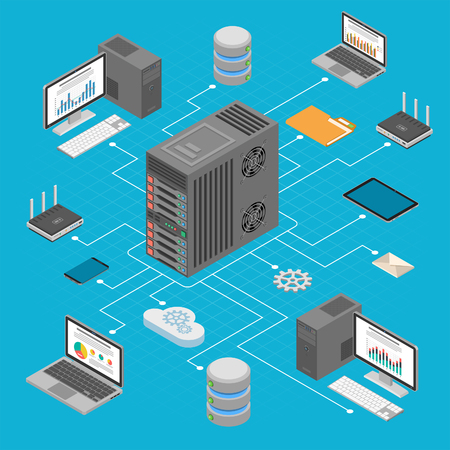 Data Network Technology Isometric business concept with network server, computer, laptop, router and tablet icons. Storage and transfer data. vector illustrationのイラスト素材
