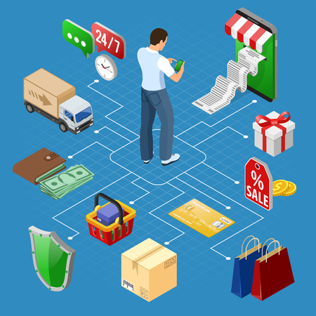 Smartphone with Receipt, Money, Customer. Internet Shopping and Online Electronic Payments Concept. Isometric icons. vector illustrationのイラスト素材