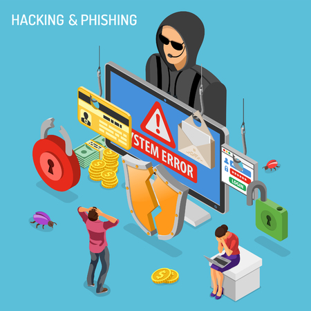 Hacker activity isometric concept. Hacking and phishing. Hacker steals password, credit card and email. Internet Security vector with flat isometric icons people, hacked lock, bug and computerのイラスト素材