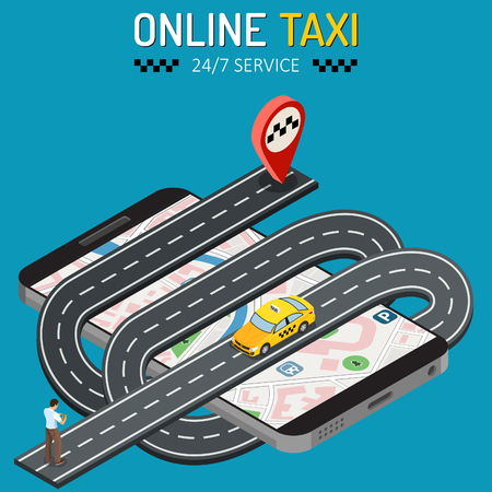 Man orders taxi from smartphone. Online taxi 24/7 service concept with people, car, map and route pin. isometric icons. vector illustrationのイラスト素材