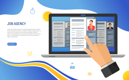 Online employment, recruitment and hiring concept. Internet job agency human resources. Hand with laptop, job seeker and resume. Landing page template. vector illustrationのイラスト素材